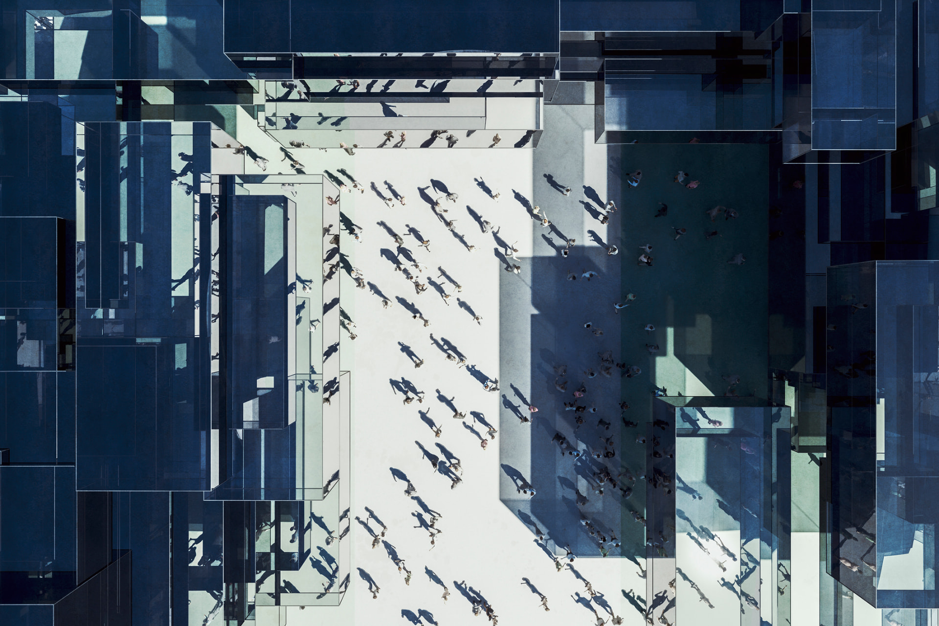 Aerial view of a city plaza with people moving between glass towers, representing connected systems and signals